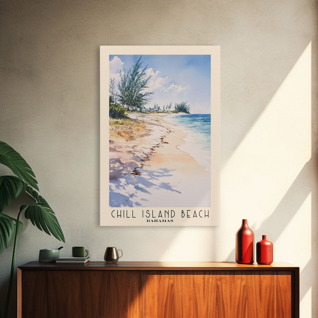 Chill Island Beach, Bahamas Watercolor Beach Print, Vacation Gift, Bahamas Wall Art, Framed Canvas Print, Framed Beach Painting