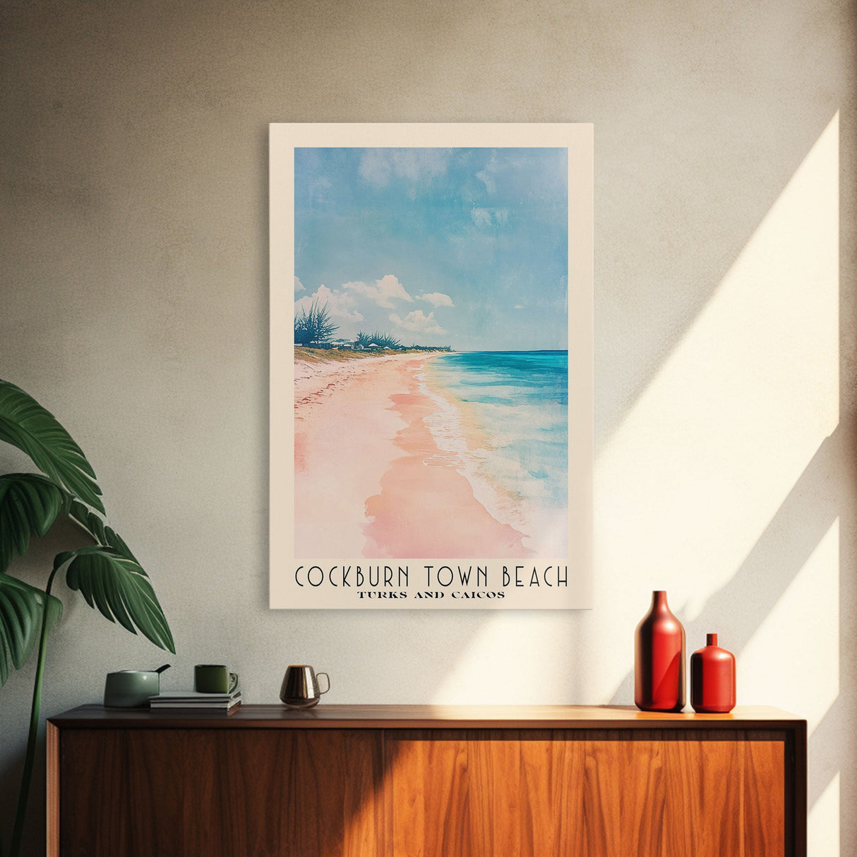 Cockburn Town Beach, Turks and Caicos Watercolor Beach Print, Vacation Gift, Turks and Caicos Wall Art, Framed Canvas Print, Framed Beach Painting