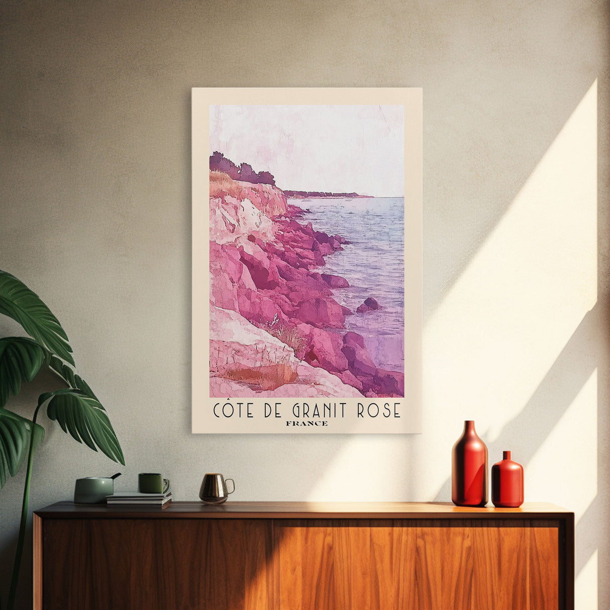 Côte de Granit Rose, France Watercolor Beach Print, Vacation Gift, France Wall Art, Framed Canvas Print, Framed Beach Painting