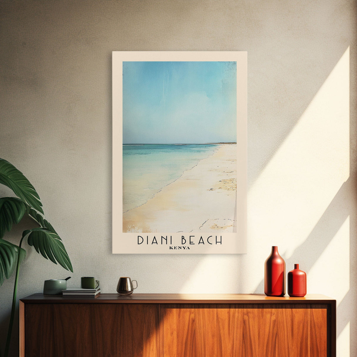 Diani Beach, Kenya Watercolor Beach Print, Vacation Gift, Kenya Wall Art, Framed Canvas Print, Framed Beach Painting