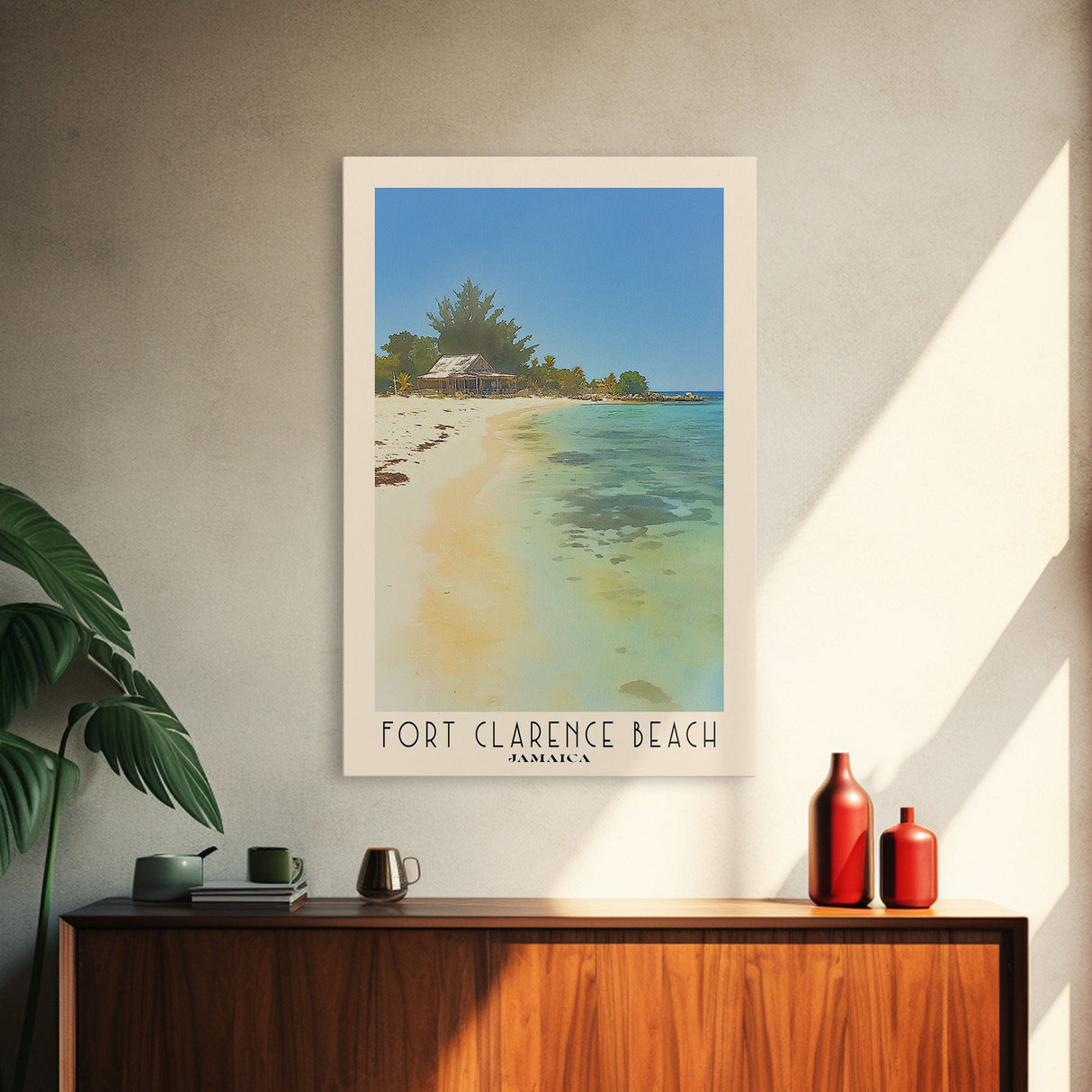 Fort Clarence Beach, Jamaica Watercolor Beach Print, Vacation Gift, Jamaica Wall Art, Framed Canvas Print, Framed Beach Painting