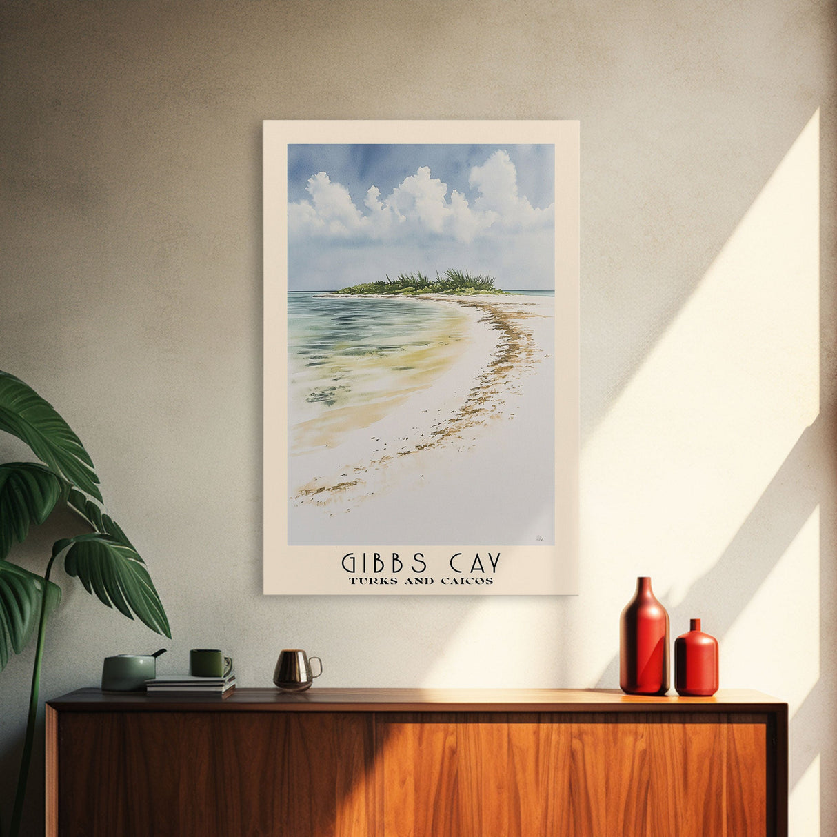 Gibbs Cay, Turks and Caicos Watercolor Beach Print, Vacation Gift, Turks and Caicos Wall Art, Framed Canvas Print, Framed Beach Painting