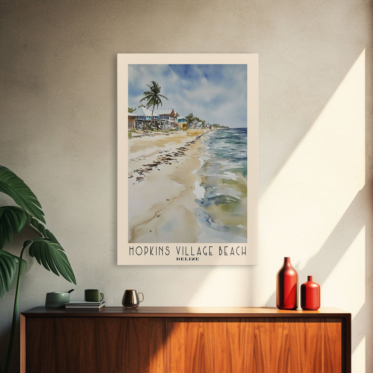 Hopkins Village Beach, Belize Watercolor Beach Print, Vacation Gift, Belize Wall Art, Framed Canvas Print, Framed Beach Painting