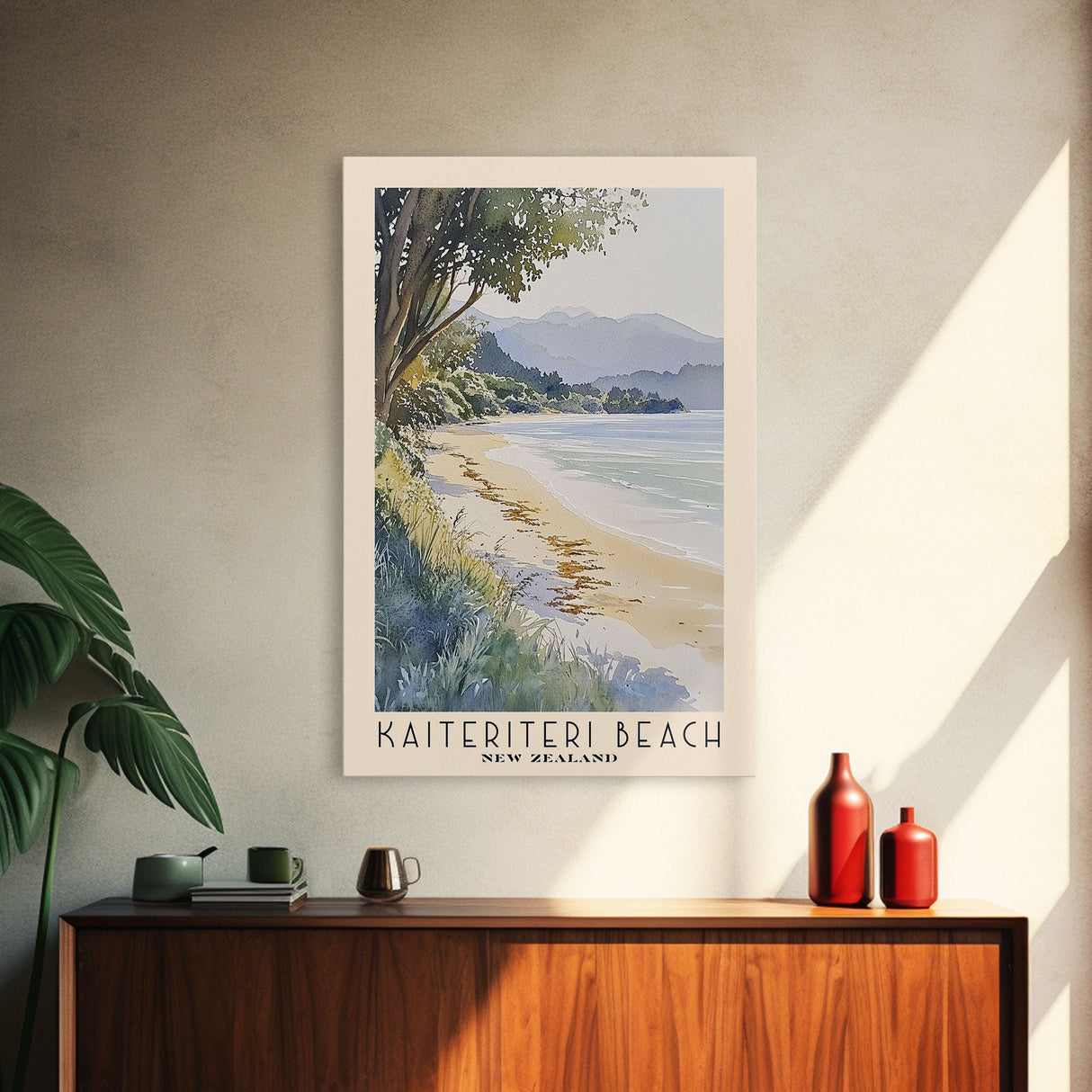 Kaiteriteri Beach, New Zealand Watercolor Beach Print, Vacation Gift, New Zealand Wall Art, Framed Canvas Print, Framed Beach Painting