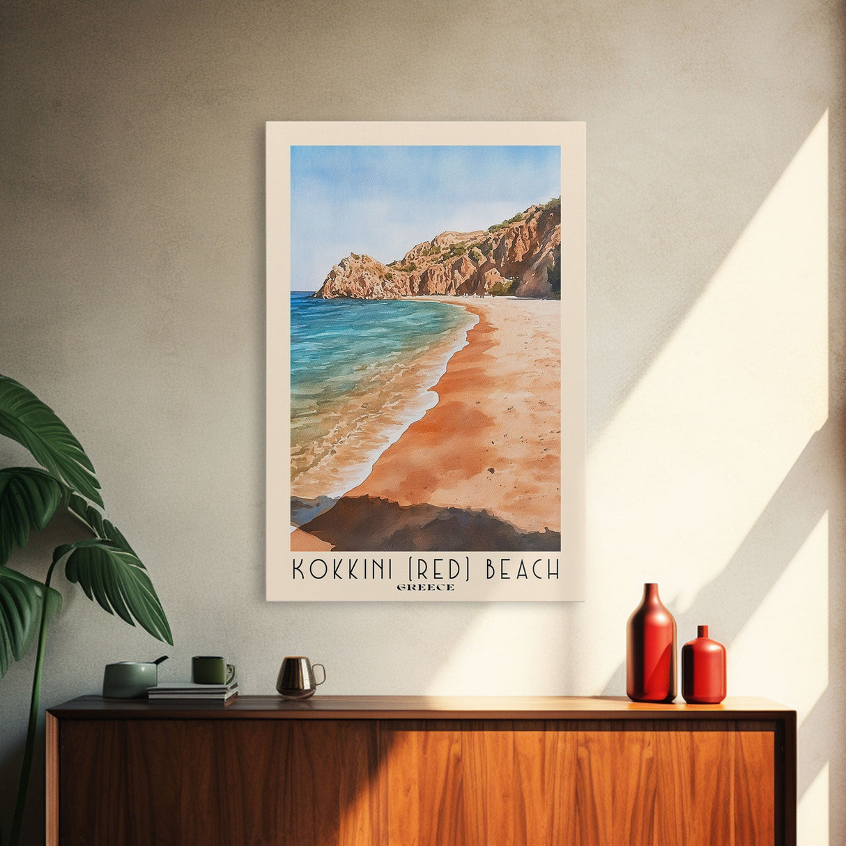 Kokkini (Red) Beach, Greece Watercolor Beach Print, Vacation Gift, Greece Wall Art, Framed Canvas Print, Framed Beach Painting