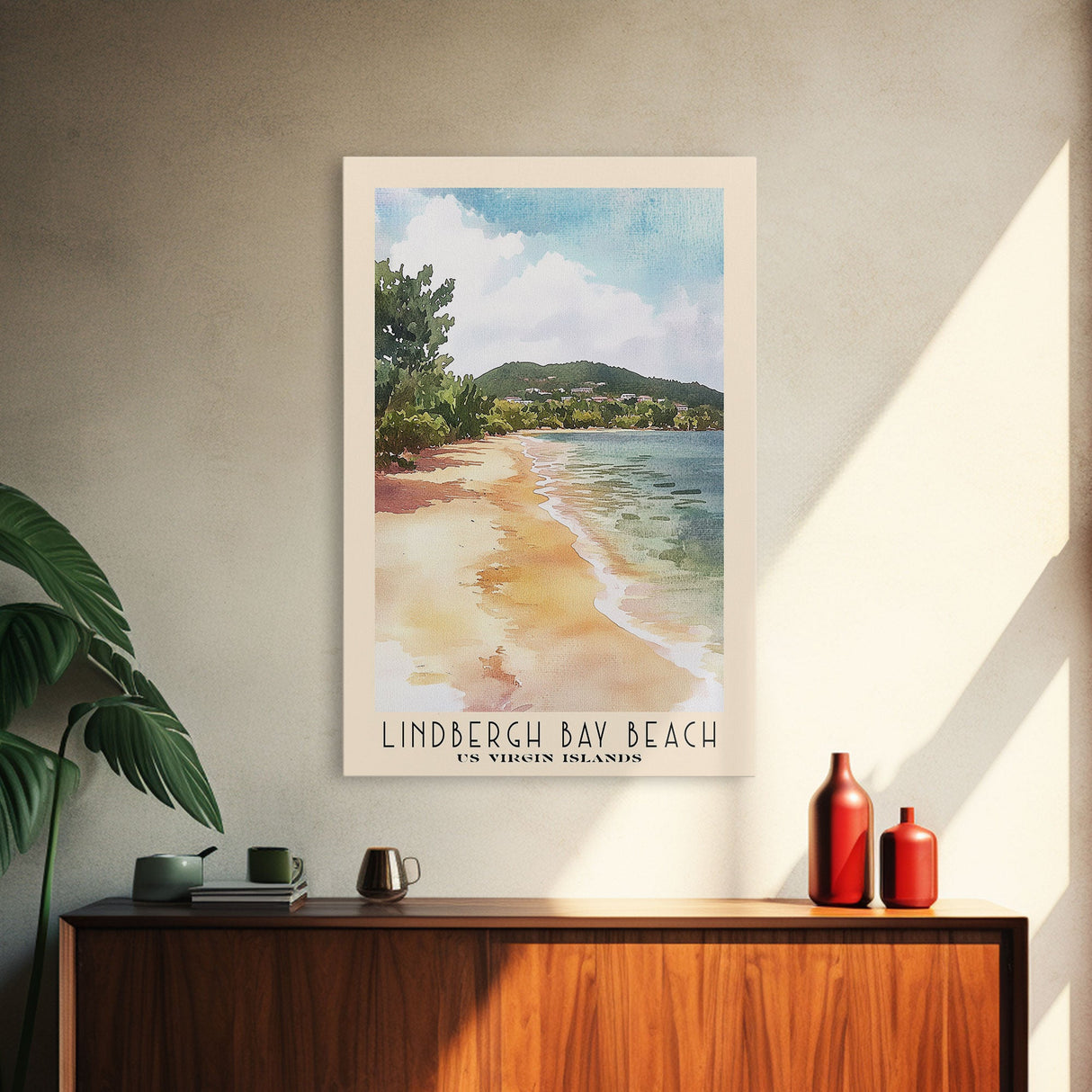 Lindbergh Bay Beach, US Virgin islands Watercolor Beach Print, Vacation Gift, US Virgin islands Wall Art, Framed Canvas Print, Framed Beach Painting