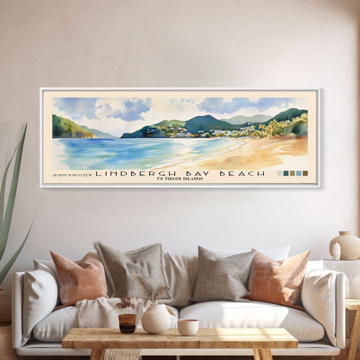 Lindbergh Bay Beach, US Virgin islands Watercolor Beach Print, Vacation Gift, US Virgin islands Wall Art, Framed Canvas Print, Framed Beach Painting