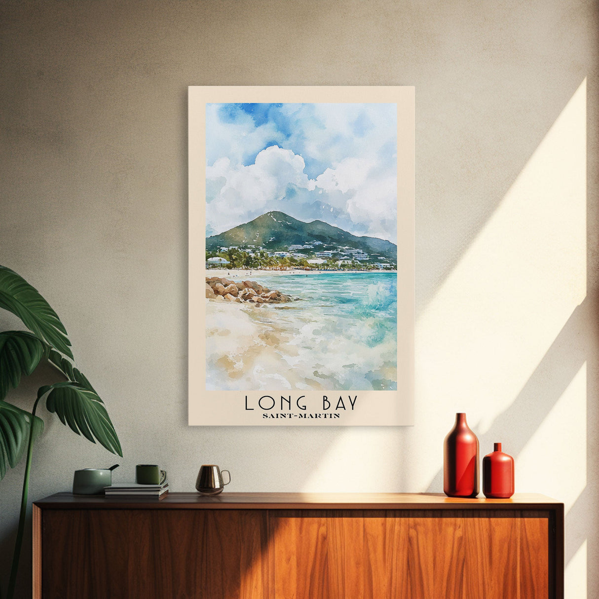 Long Bay, Saint-Martin Watercolor Print, Vacation Gift, Saint-Martin Wall Art, Beach Painting, Beach Decor, Large Wall Art, Wood Frame Art