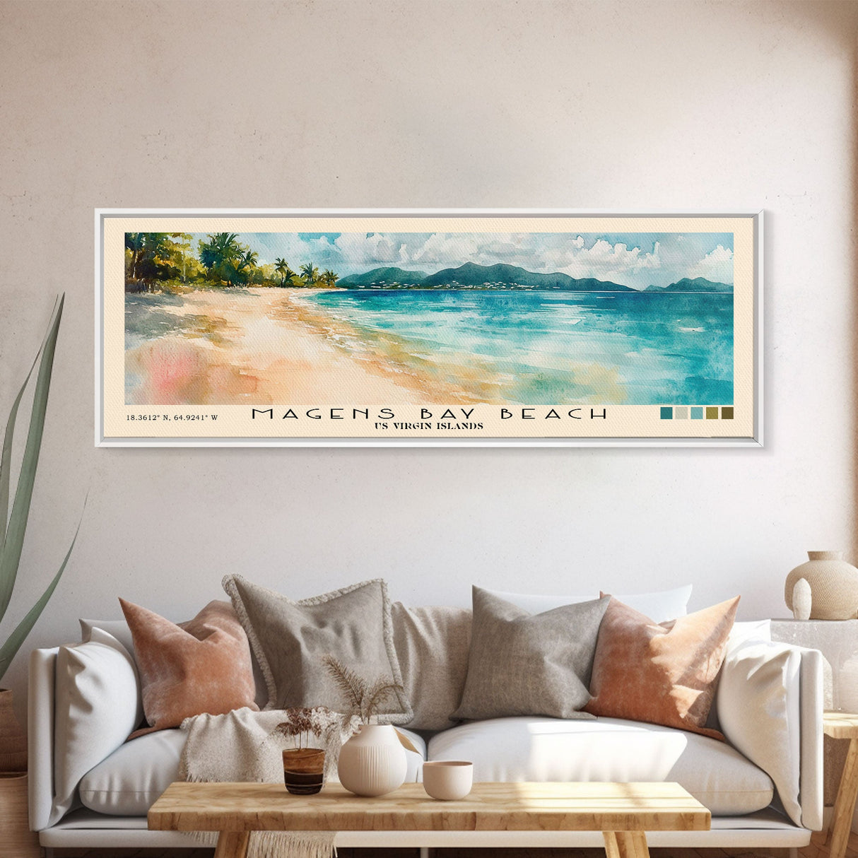 Magens Bay Beach, US Virgin islands Watercolor Beach Print, Vacation Gift, US Virgin islands Wall Art, Framed Canvas Print, Framed Beach Painting