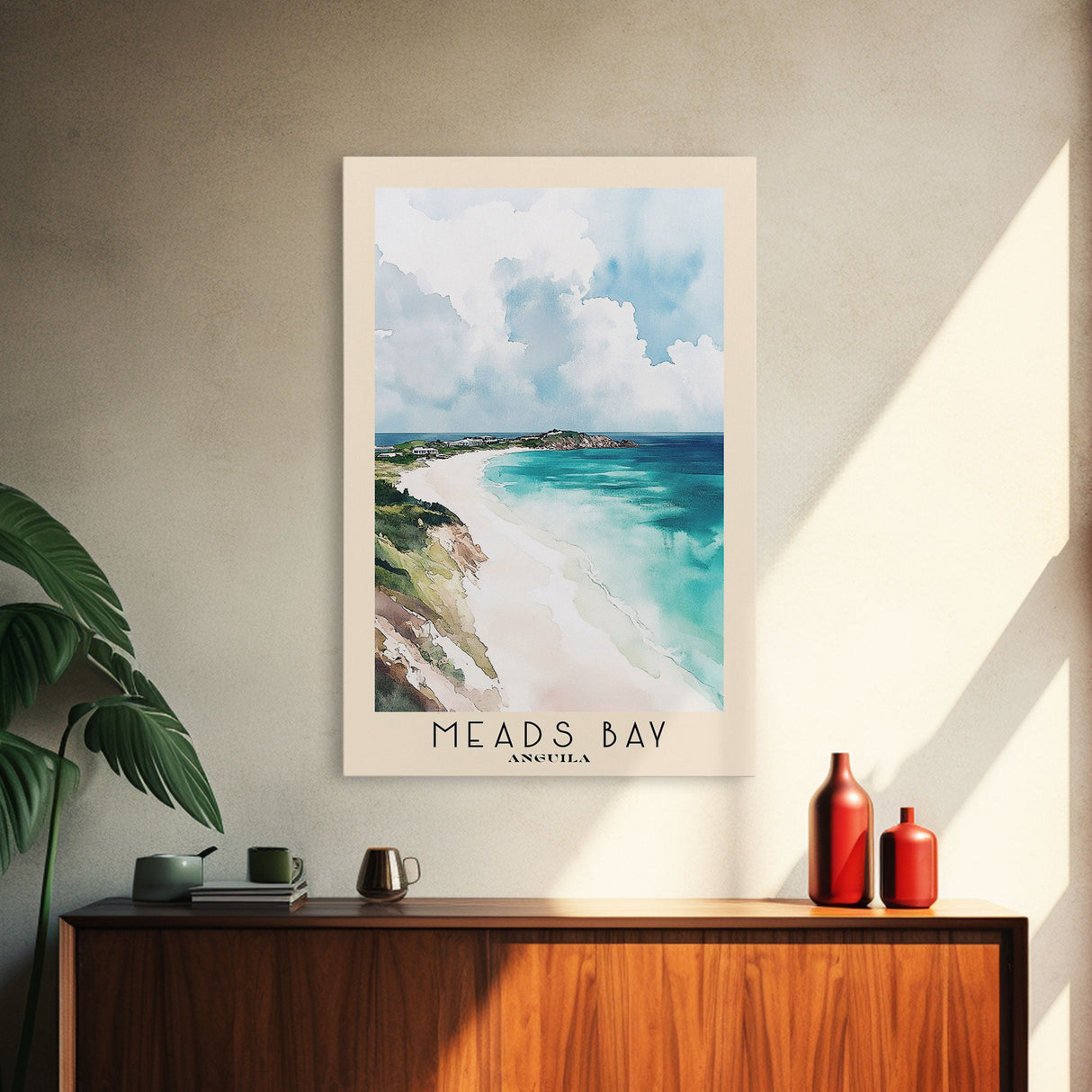 Meads Bay, Anguila Watercolor Beach Print, Vacation Gift, Anguila Wall Art, Framed Canvas Print, Framed Beach Painting