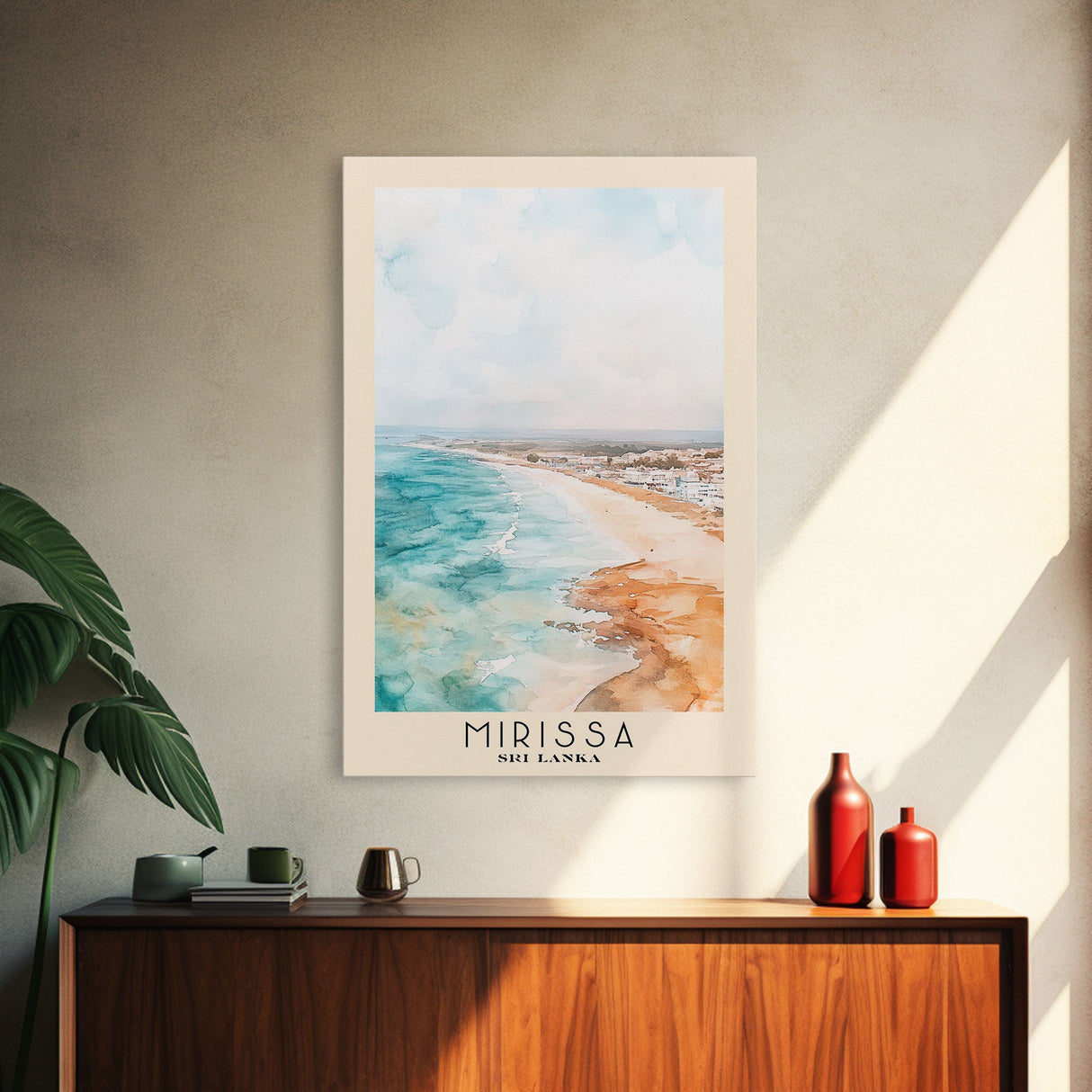 Mirissa, Sri Lanka Watercolor Beach Print, Vacation Gift, Sri Lanka Wall Art, Framed Canvas Print, Framed Beach Painting