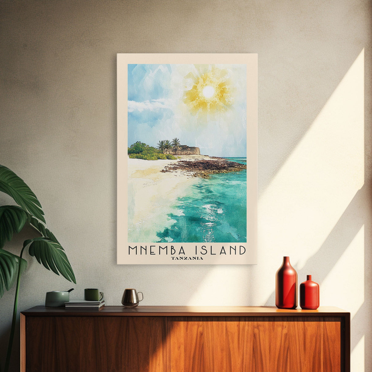 Mnemba Island, Tanzania Watercolor Beach Print, Vacation Gift, Tanzania Wall Art, Framed Canvas Print, Framed Beach Painting