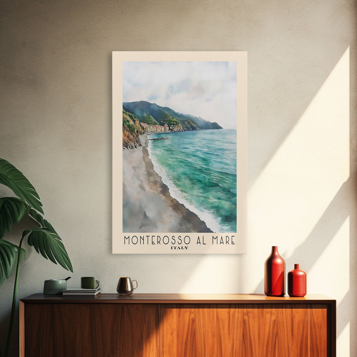 Monterosso al Mare, Italy Watercolor Print, Vacation Gift, Italy Wall Art, Beach Painting, Beach Decor, Large Wall Art, Wood Frame Art