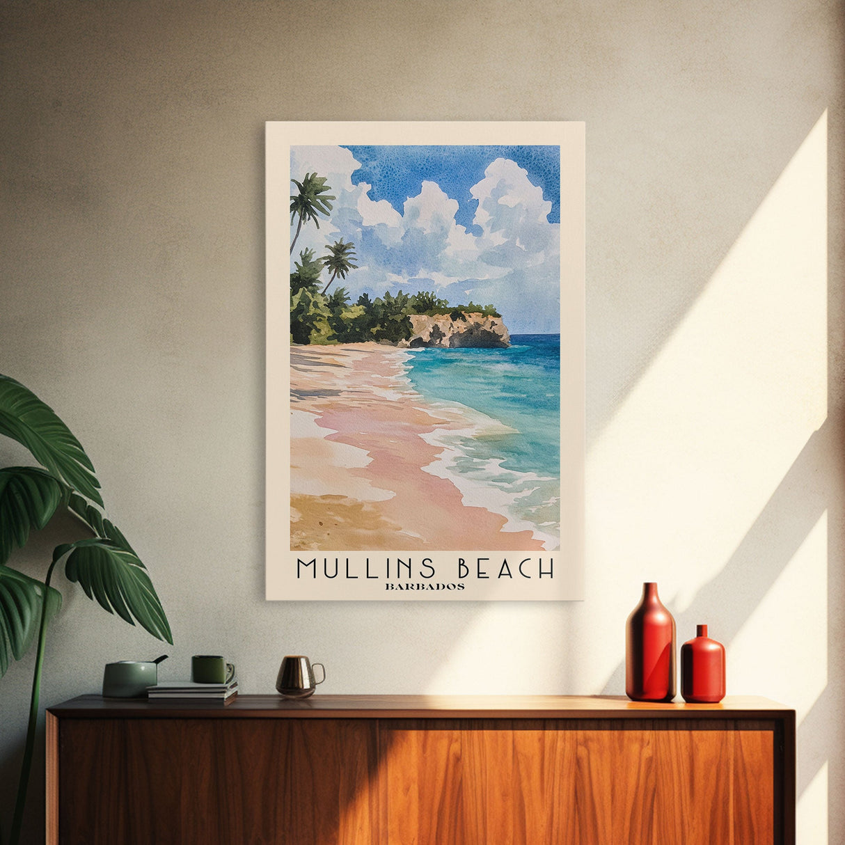 Mullins Beach, Barbados Watercolor Beach Print, Vacation Gift, Barbados Wall Art, Framed Canvas Print, Framed Beach Painting