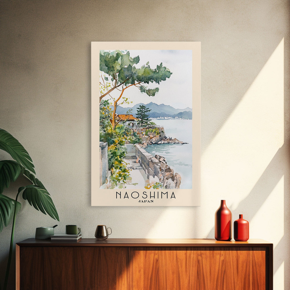 Naoshima, Japan Watercolor Beach Print, Vacation Gift, Japan Wall Art, Beach Painting, Beach Decor, Beach Painting