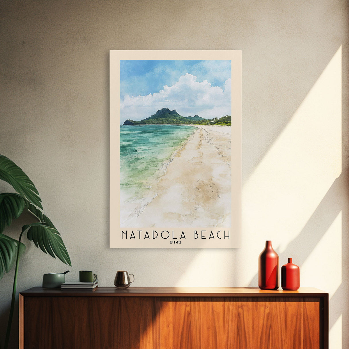 Natadola Beach, Fiji Watercolor Print, Vacation Gift, Fiji Wall Art, Beach Painting, Beach Decor, Large Wall Art, Wood Frame Art