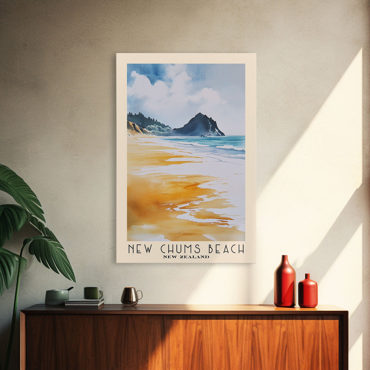 New Chums Beach, New Zealand Watercolor Print, Vacation Gift, New Zealand Wall Art, Beach Painting, Beach Decor, Large Wall Art, Wood Frame Art