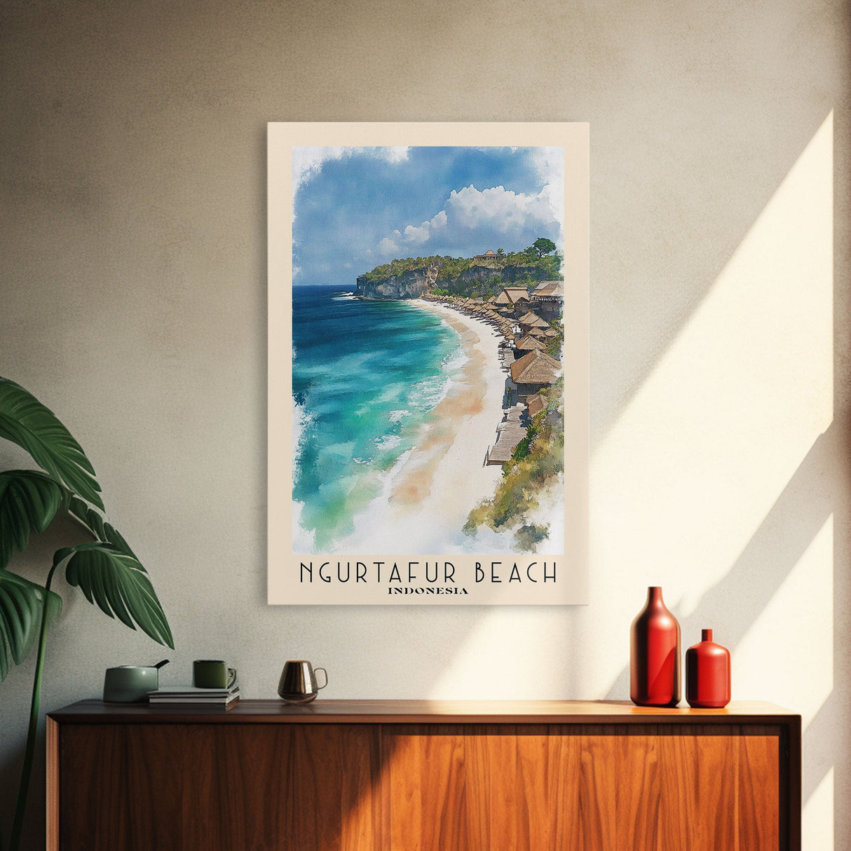 Ngurtafur Beach, Indonesia Watercolor Beach Print, Vacation Gift, Indonesia Wall Art, Framed Canvas Print, Framed Beach Painting