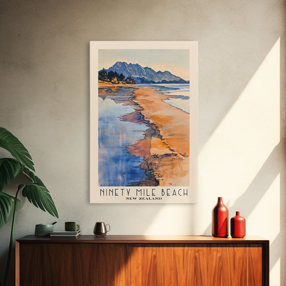 Ninety Mile Beach, New Zealand Watercolor Print, Vacation Gift, New Zealand Wall Art, Beach Painting, Beach Decor, Large Wall Art, Wood Frame Art