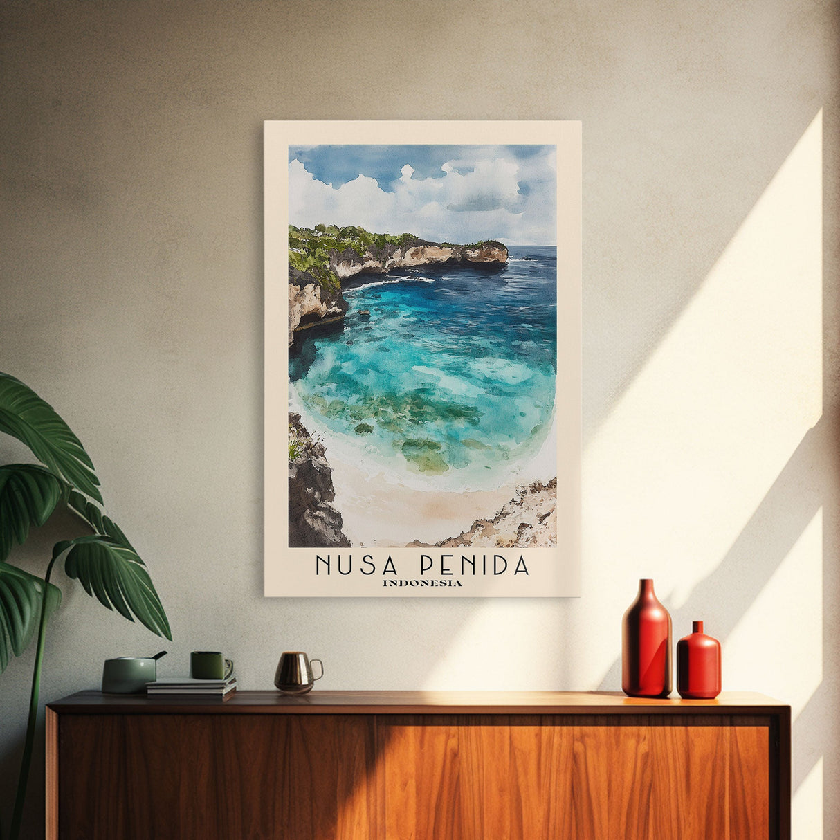 Nusa Penida, Indonesia Watercolor Beach Print, Vacation Gift, Indonesia Wall Art, Framed Canvas Print, Framed Beach Painting