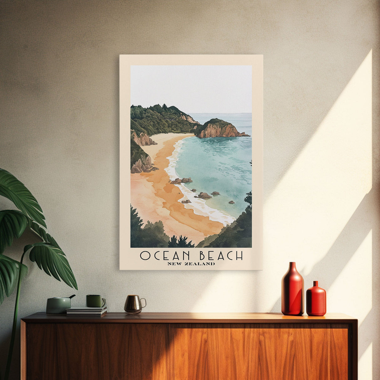 Ocean Beach, New Zealand Watercolor Print, Vacation Gift, New Zealand Wall Art, Beach Painting, Beach Decor, Large Wall Art, Wood Frame Art