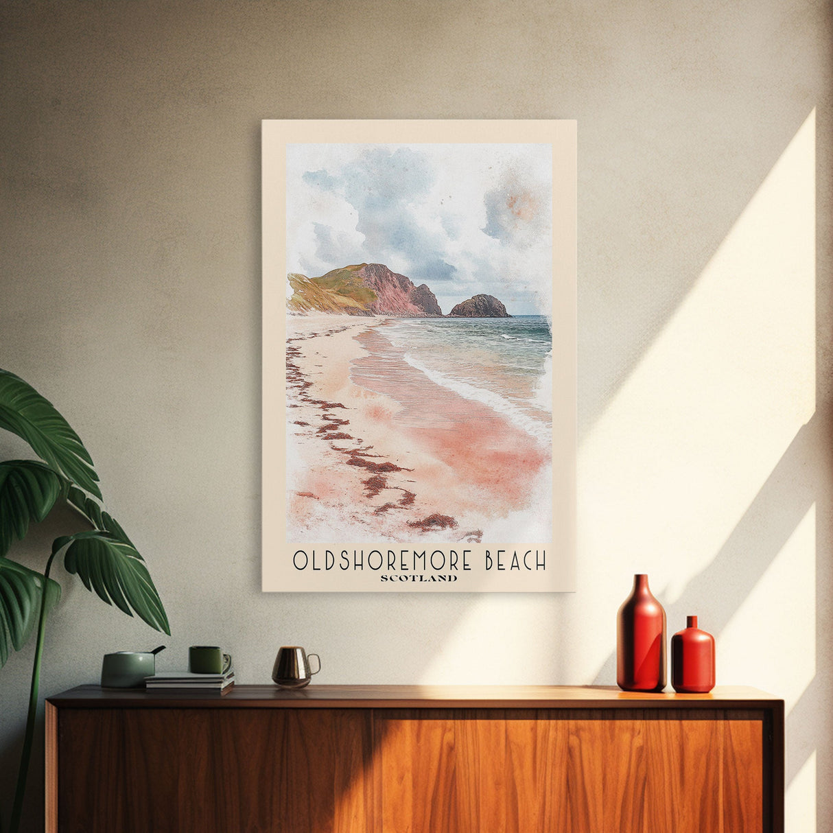 Oldshoremore beach, Scotland Watercolor Beach Print, Vacation Gift, Scotland Wall Art, Framed Canvas Print, Framed Beach Painting