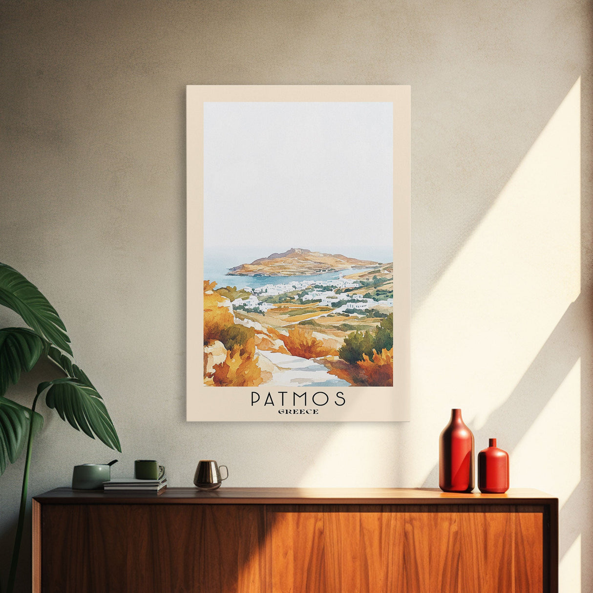 Patmos, Greece Watercolor Beach Print, Vacation Gift, Greece Wall Art, Framed Canvas Print, Framed Beach Painting