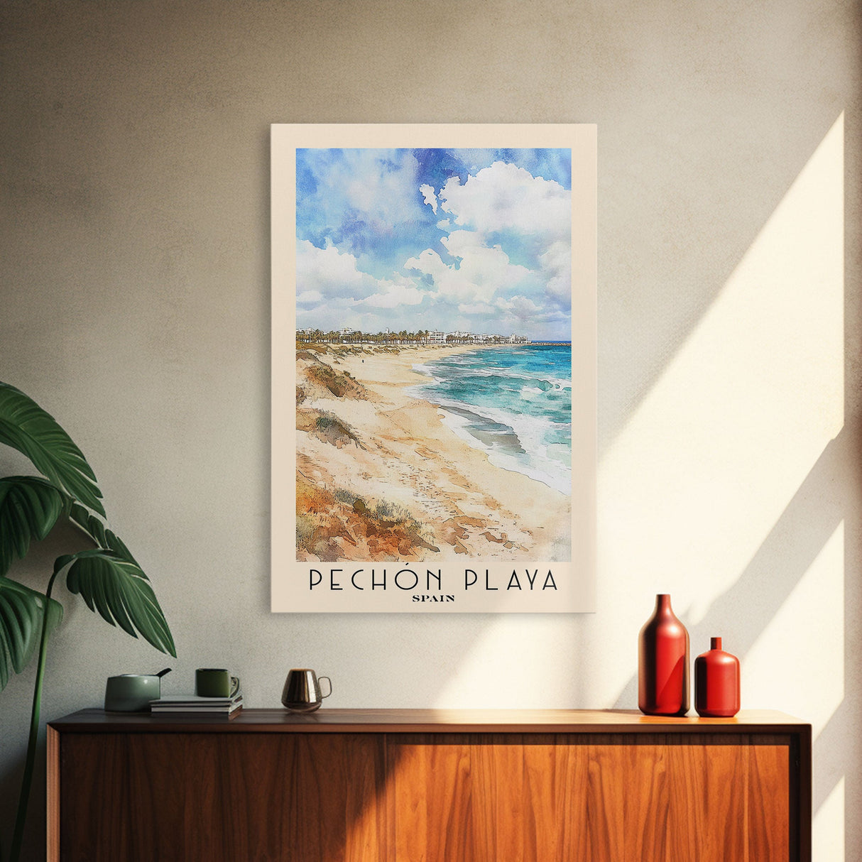 Pechón Playa, Spain Watercolor Print, Vacation Gift, Spain Wall Art, Beach Painting, Beach Decor, Large Wall Art, Wood Frame Art