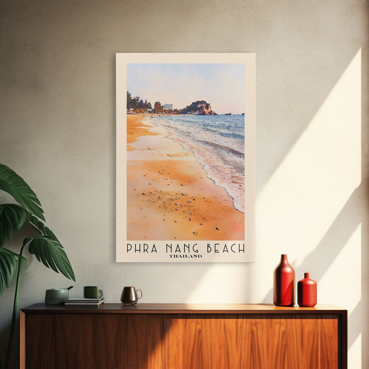 Phra Nang Beach, Thailand Watercolor Beach Print, Vacation Gift, Thailand Wall Art, Framed Canvas Print, Framed Beach Painting