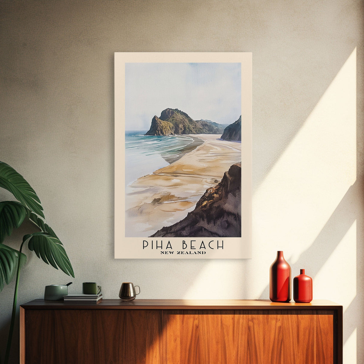 Piha Beach, New Zealand Watercolor Print, Vacation Gift, New Zealand Wall Art, Beach Painting, Beach Decor, Large Wall Art, Wood Frame Art