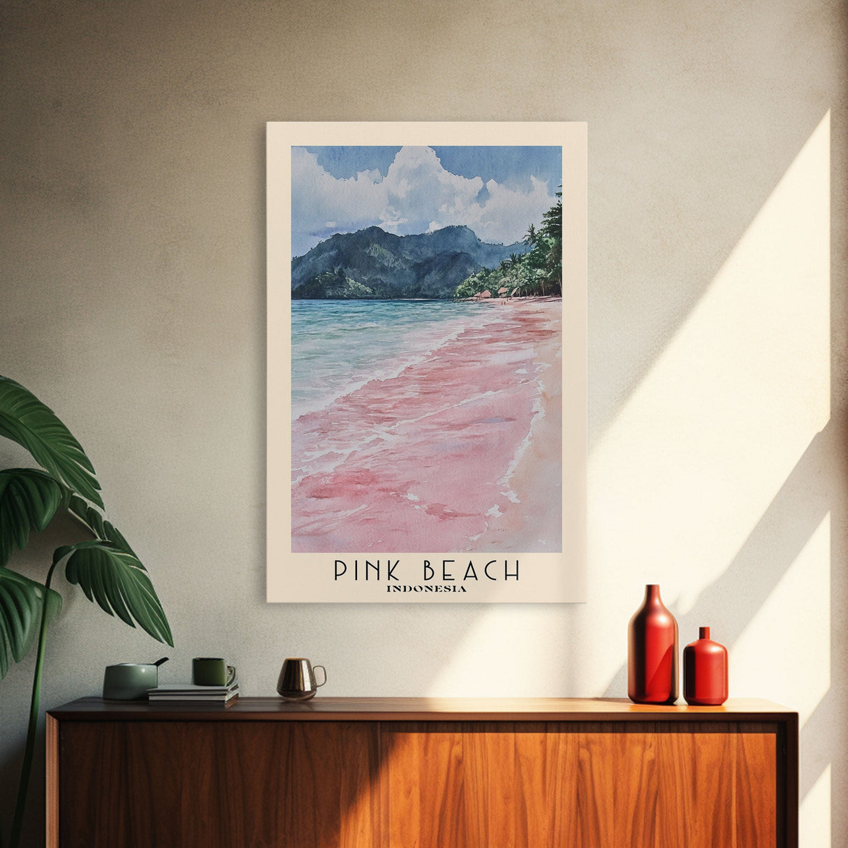 Pink Beach, Indonesia Watercolor Beach Print, Vacation Gift, Indonesia Wall Art, Beach Painting, Beach Decor, Beach Painting