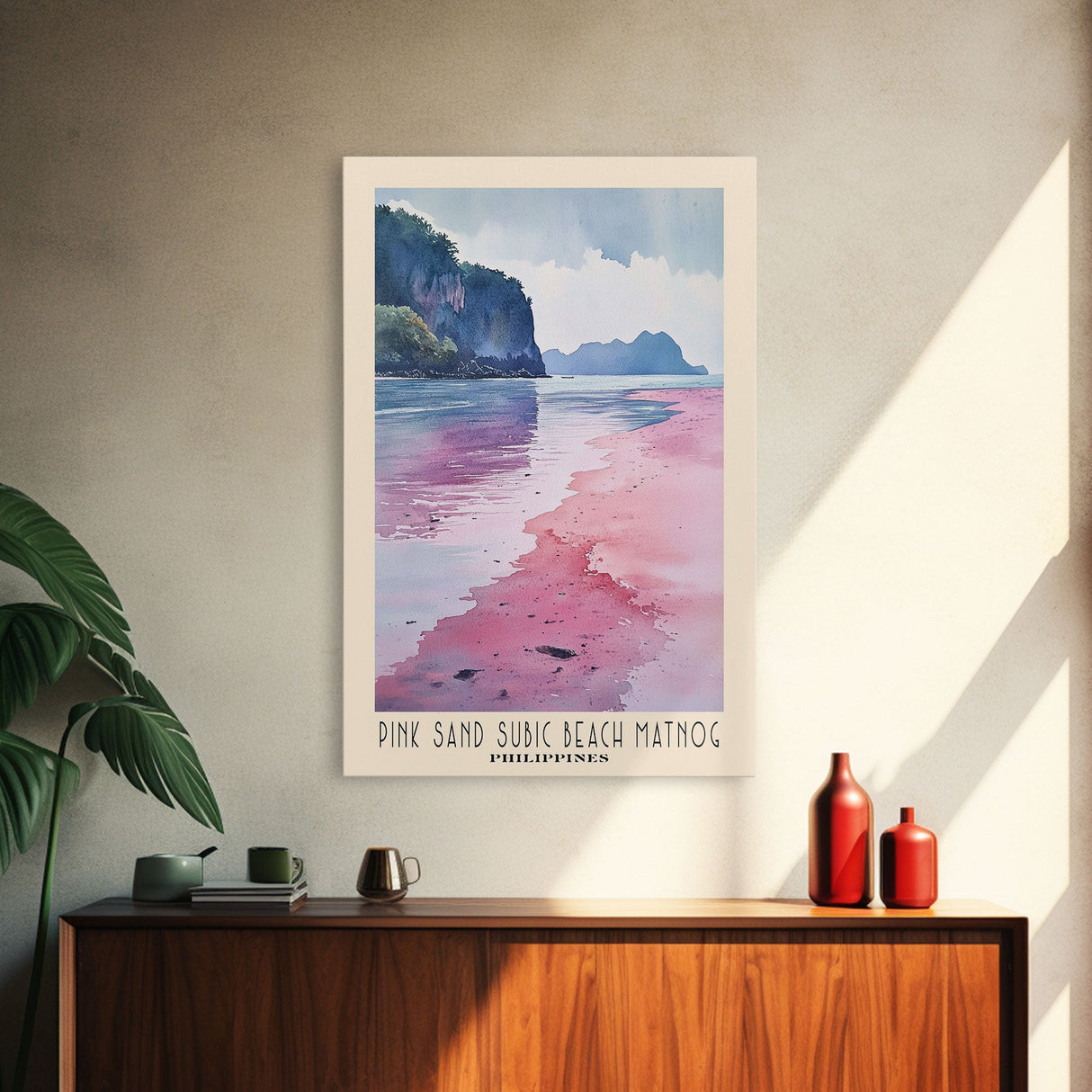 Pink sand Subic beach Matnog, Philippines Watercolor Print, Vacation Gift, Philippines Wall Art, Beach Painting, Beach Decor, Large Wall Art, Wood Frame Art