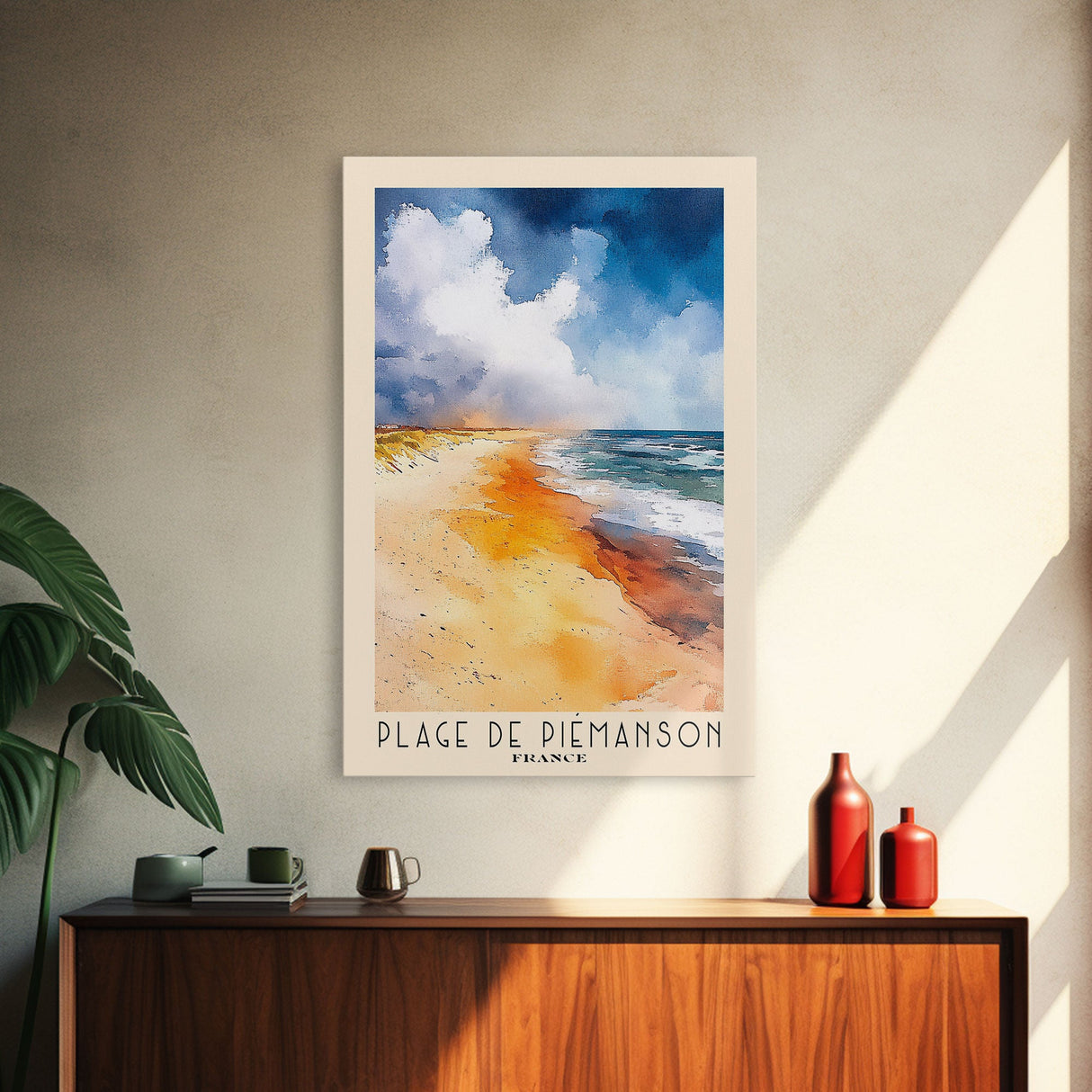 Plage de Piémanson, France Watercolor Print, Vacation Gift, France Wall Art, Beach Painting, Beach Decor, Large Wall Art, Wood Frame Art