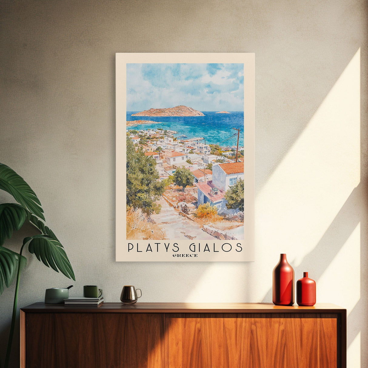 Platys Gialos, Greece Watercolor Beach Print, Vacation Gift, Greece Wall Art, Framed Canvas Print, Framed Beach Painting