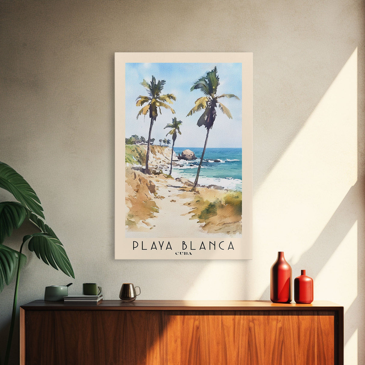 Playa Blanca, Cuba Watercolor Beach Print, Vacation Gift, Cuba Wall Art, Framed Canvas Print, Framed Beach Painting