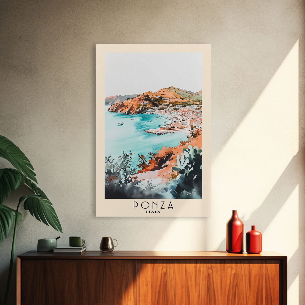 Ponza, Italy Watercolor Beach Print, Vacation Gift, Italy Wall Art, Framed Canvas Print, Framed Beach Painting