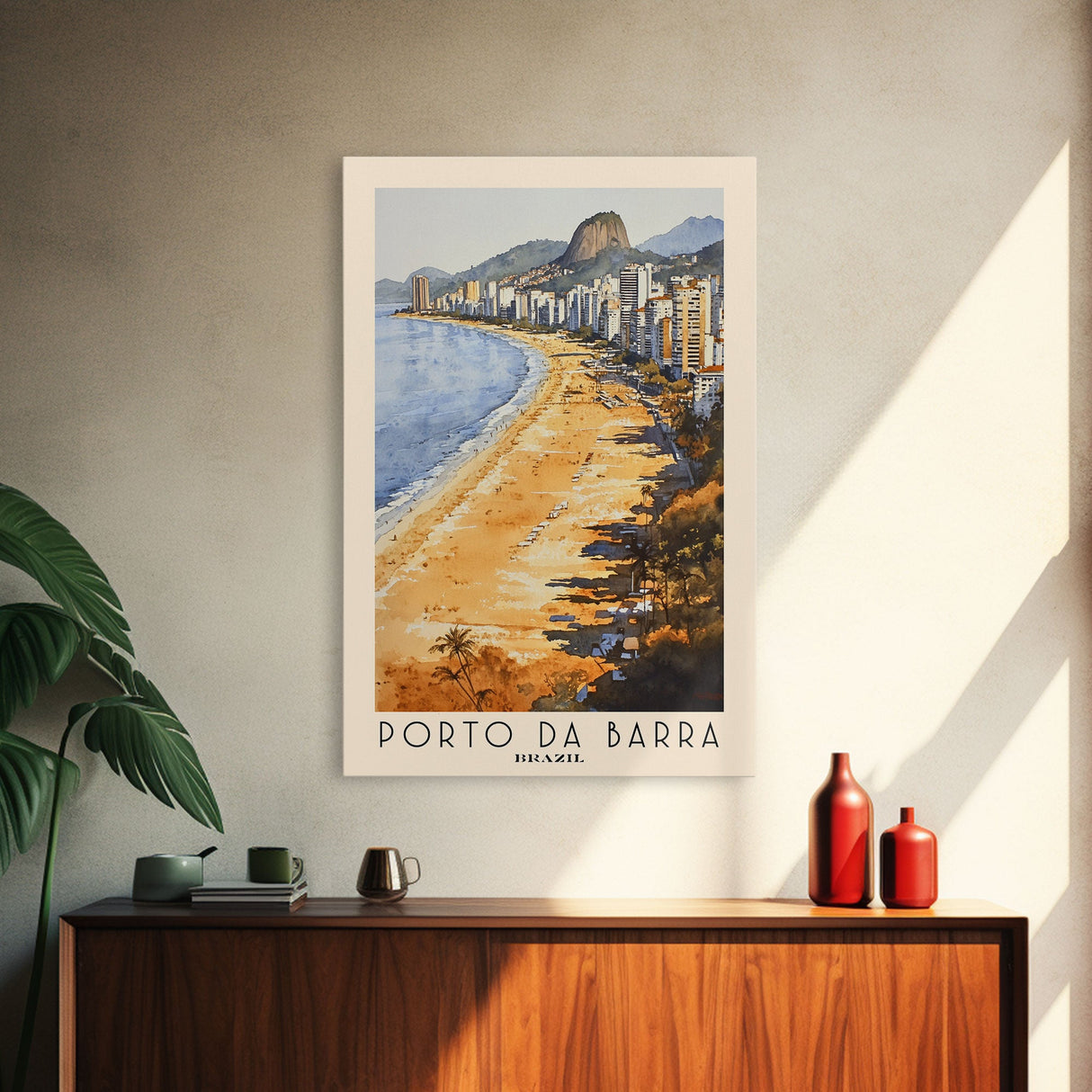 Porto da Barra, Brazil Watercolor Beach Print, Vacation Gift, Brazil Wall Art, Framed Canvas Print, Framed Beach Painting