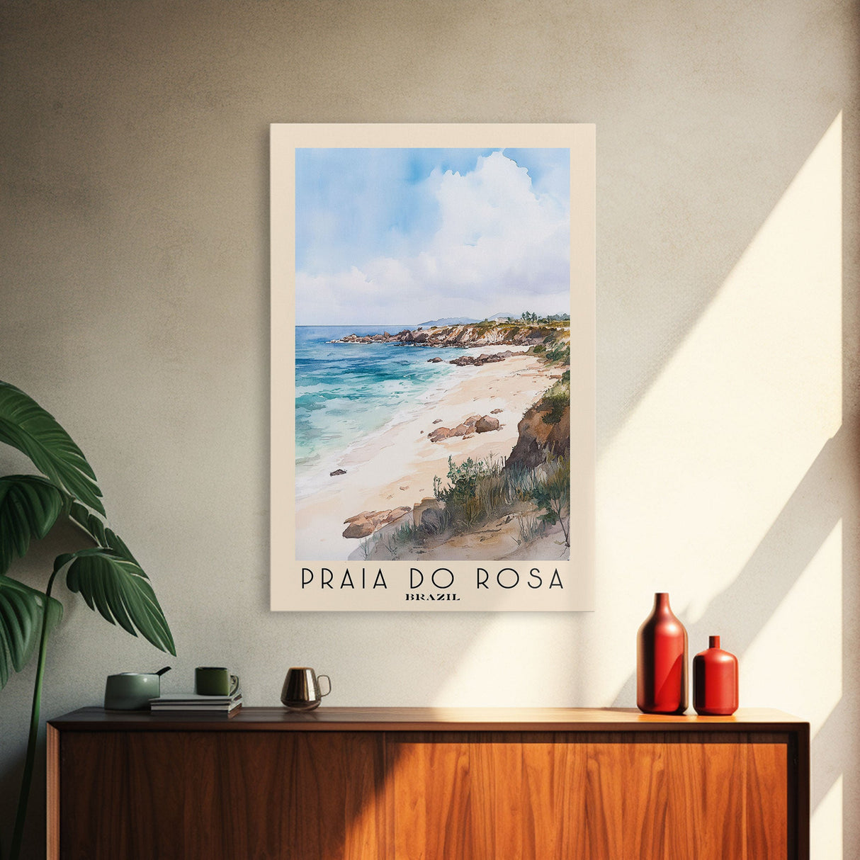 Praia do Rosa, Brazil Watercolor Print, Vacation Gift, Brazil Wall Art, Beach Painting, Beach Decor, Large Wall Art, Wood Frame Art