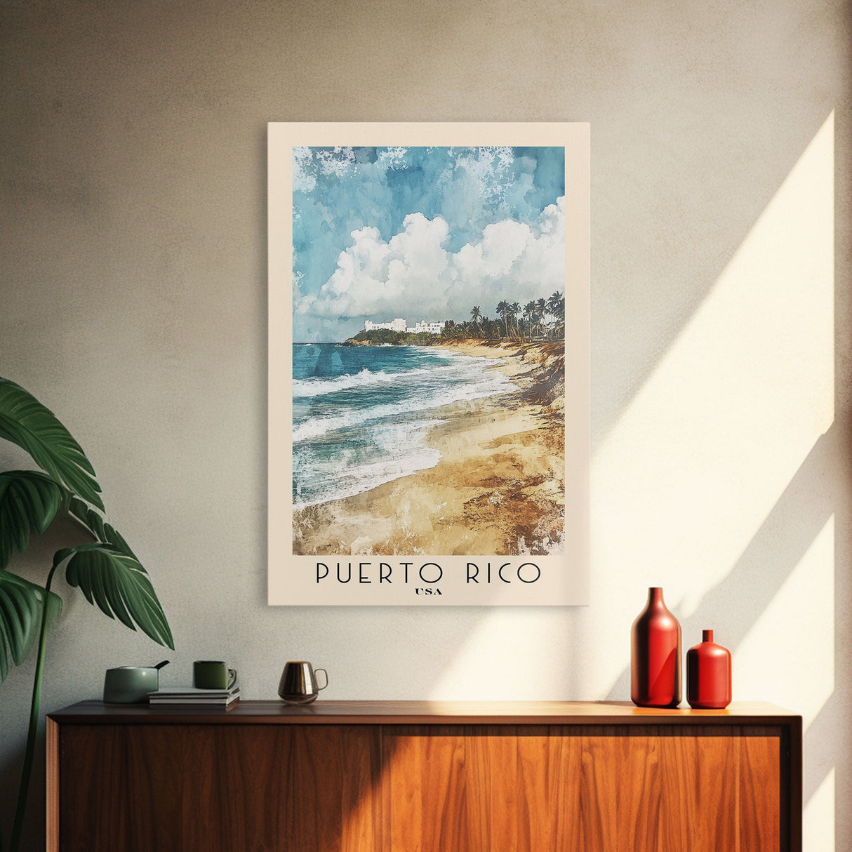 Puerto Rico, USA Watercolor Print, Vacation Gift, USA Wall Art, Beach Painting, Beach Decor, Large Wall Art, Wood Frame Art