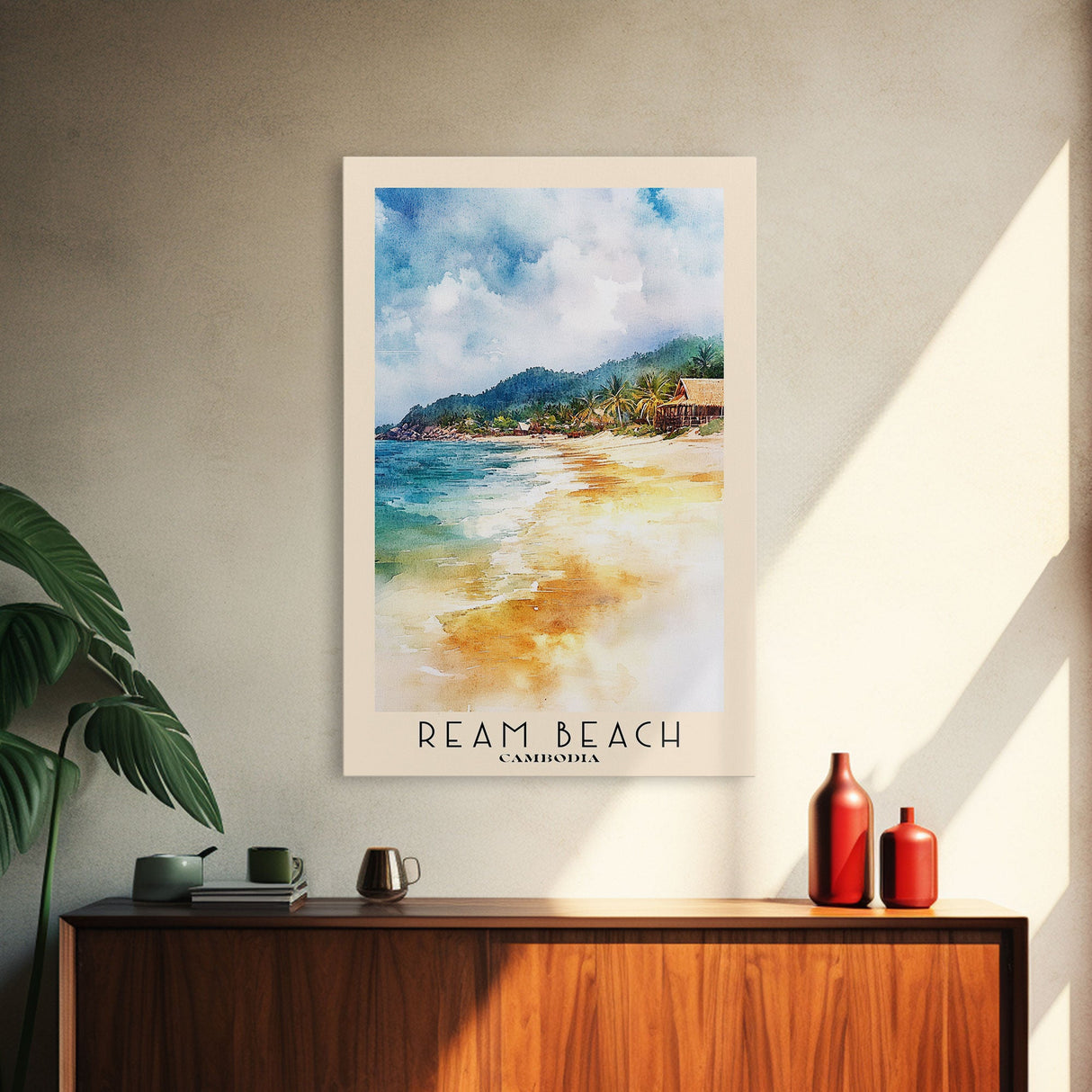 Ream Beach, Cambodia Watercolor Print, Vacation Gift, Cambodia Wall Art, Beach Painting, Beach Decor, Large Wall Art, Wood Frame Art