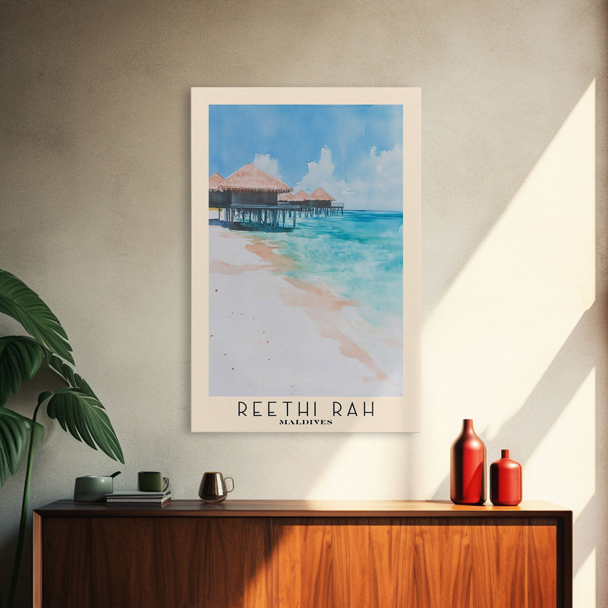 Reethi Rah, Maldives Watercolor Beach Print, Vacation Gift, Maldives Wall Art, Framed Canvas Print, Framed Beach Painting