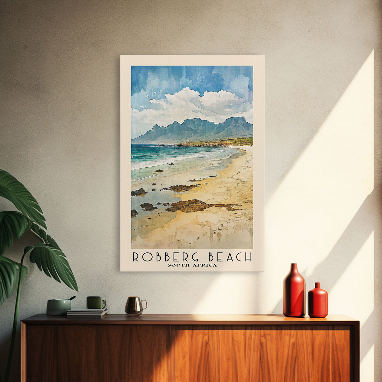 Robberg Beach, South Africa Watercolor Beach Print, Vacation Gift, South Africa Wall Art, Framed Canvas Print, Framed Beach Painting