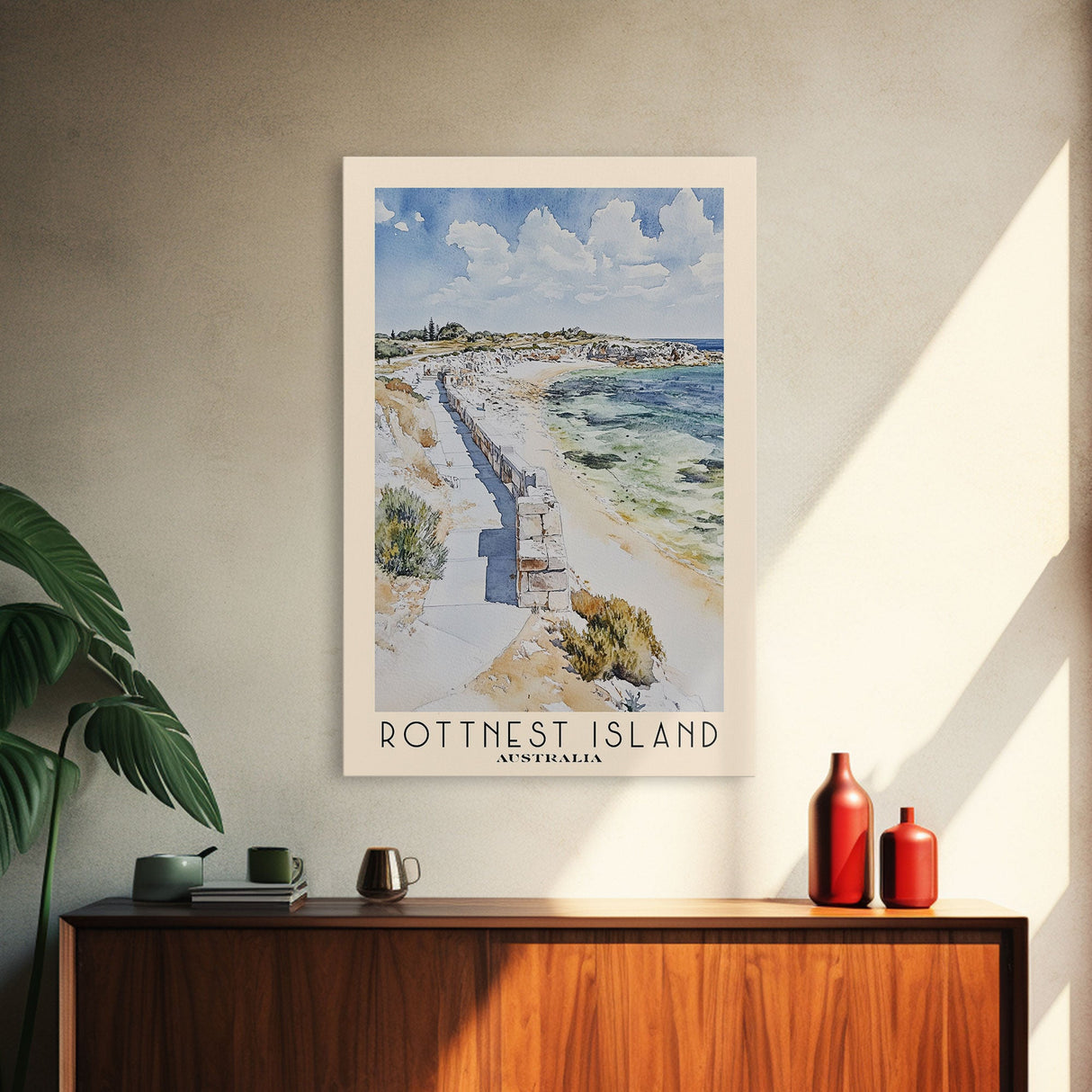 Rottnest Island, Australia Watercolor Print, Vacation Gift, Australia Wall Art, Beach Painting, Beach Decor, Large Wall Art, Wood Frame Art