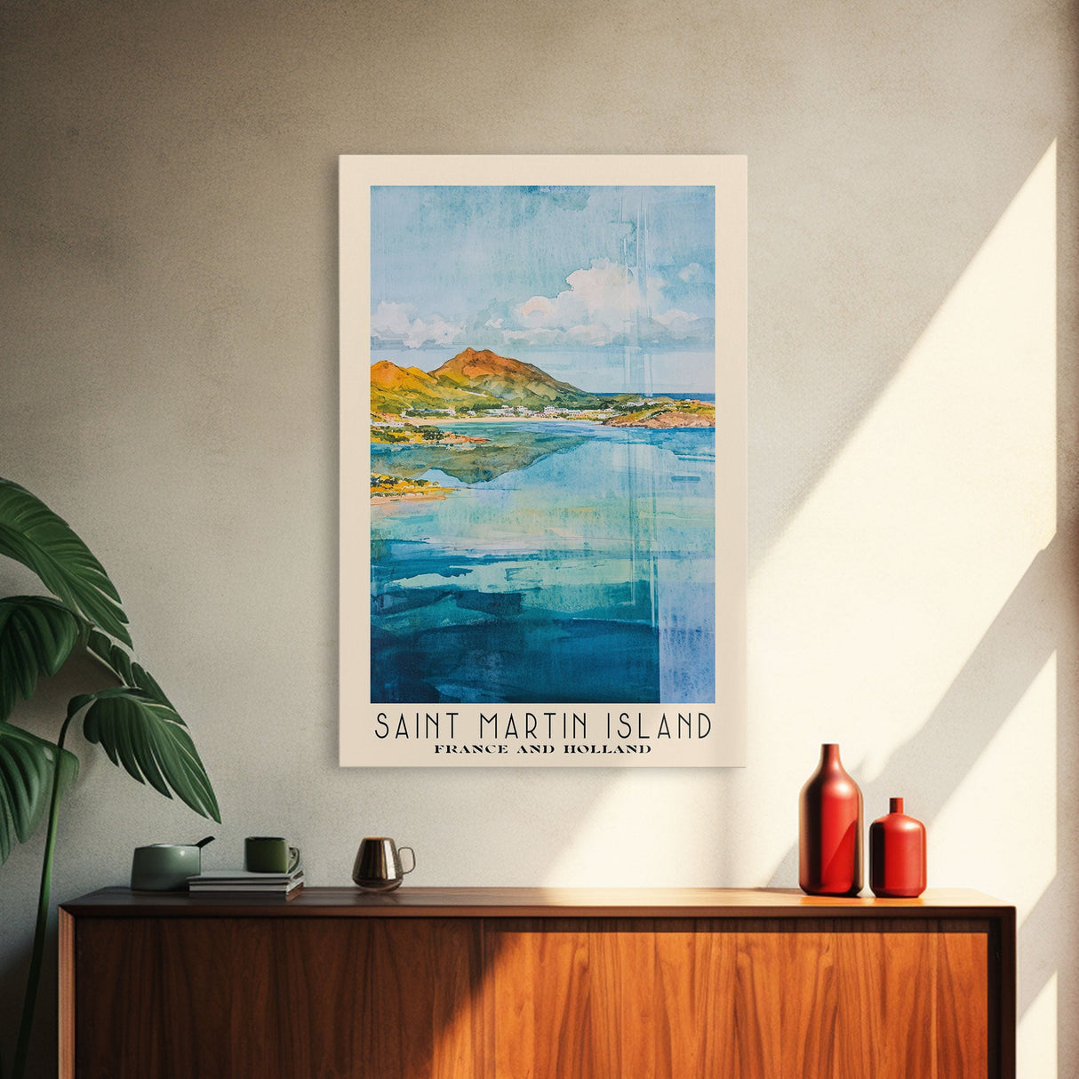 Saint Martin Island, France and Holland Watercolor Beach Print, Vacation Gift, France and Holland Wall Art, Framed Canvas Print, Framed Beach Painting