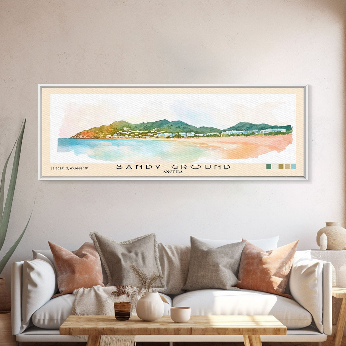 Sandy Ground, Anguila Watercolor Beach Print, Vacation Gift, Anguila Wall Art, Framed Canvas Print, Framed Beach Painting