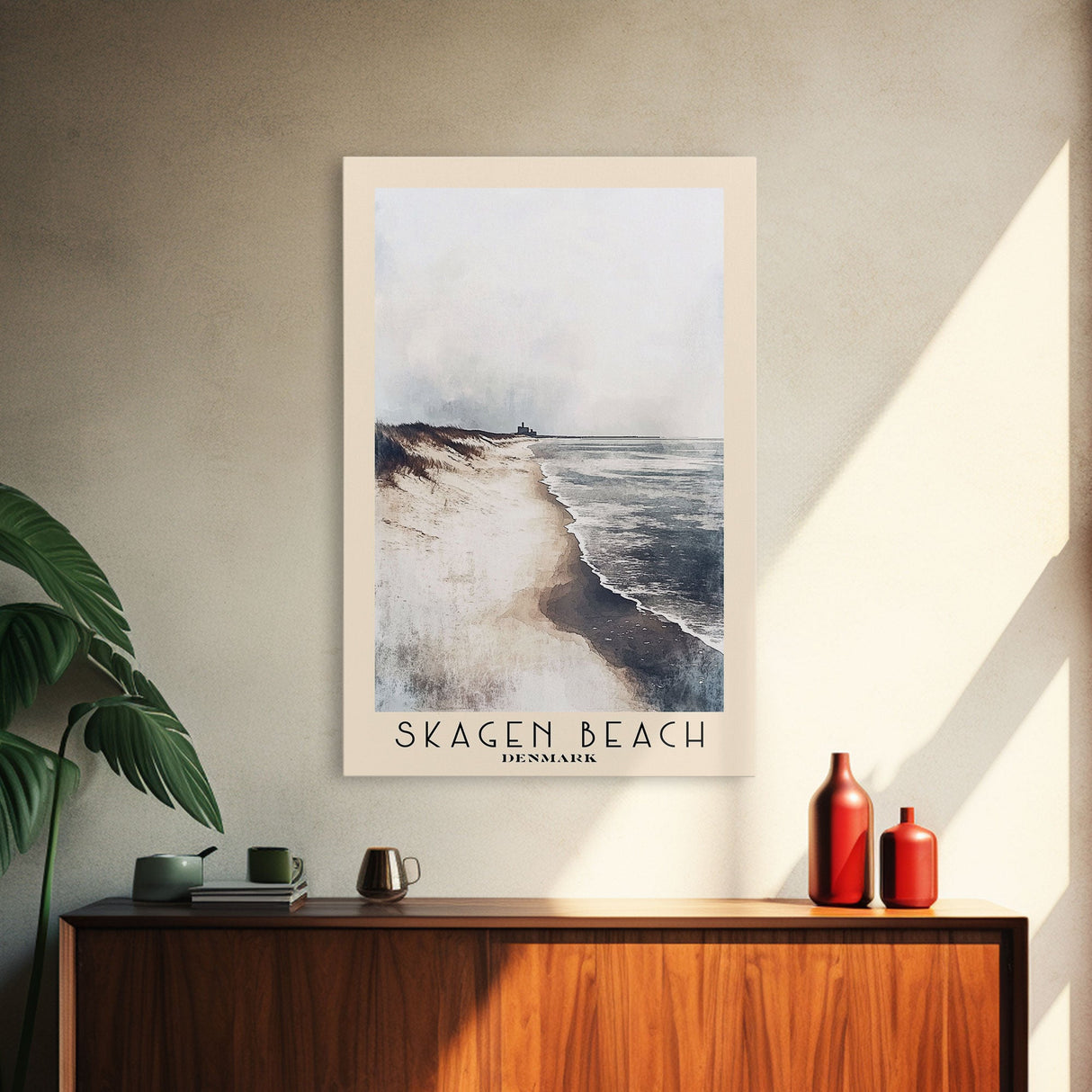 Skagen Beach, Denmark Watercolor Beach Print, Vacation Gift, Denmark Wall Art, Framed Canvas Print, Framed Beach Painting