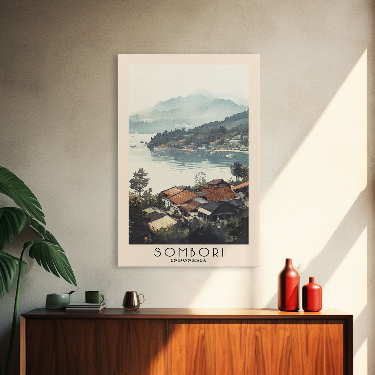 Sombori, Indonesia Watercolor Beach Print, Vacation Gift, Indonesia Wall Art, Framed Canvas Print, Framed Beach Painting