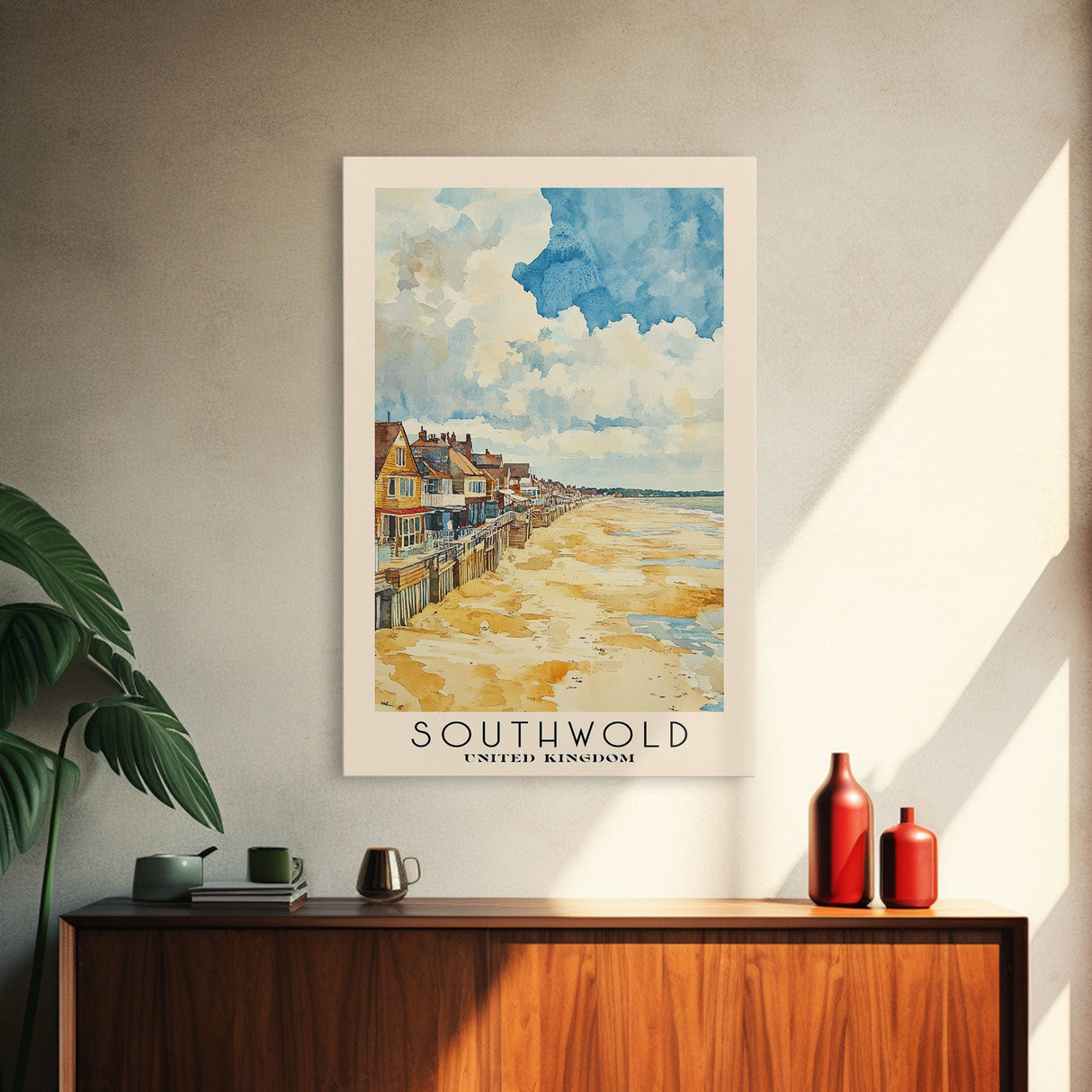 Southwold, United Kingdom Watercolor Print, Vacation Gift, United Kingdom Wall Art, Beach Painting, Beach Decor, Large Wall Art, Wood Frame Art