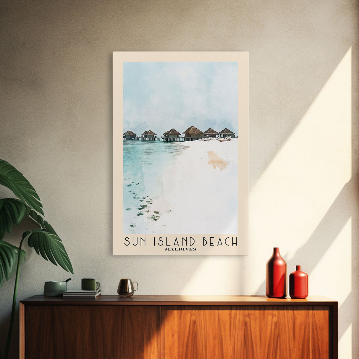 Sun Island Beach, Maldives Watercolor Print, Vacation Gift, Maldives Wall Art, Beach Painting, Beach Decor, Large Wall Art, Wood Frame Art