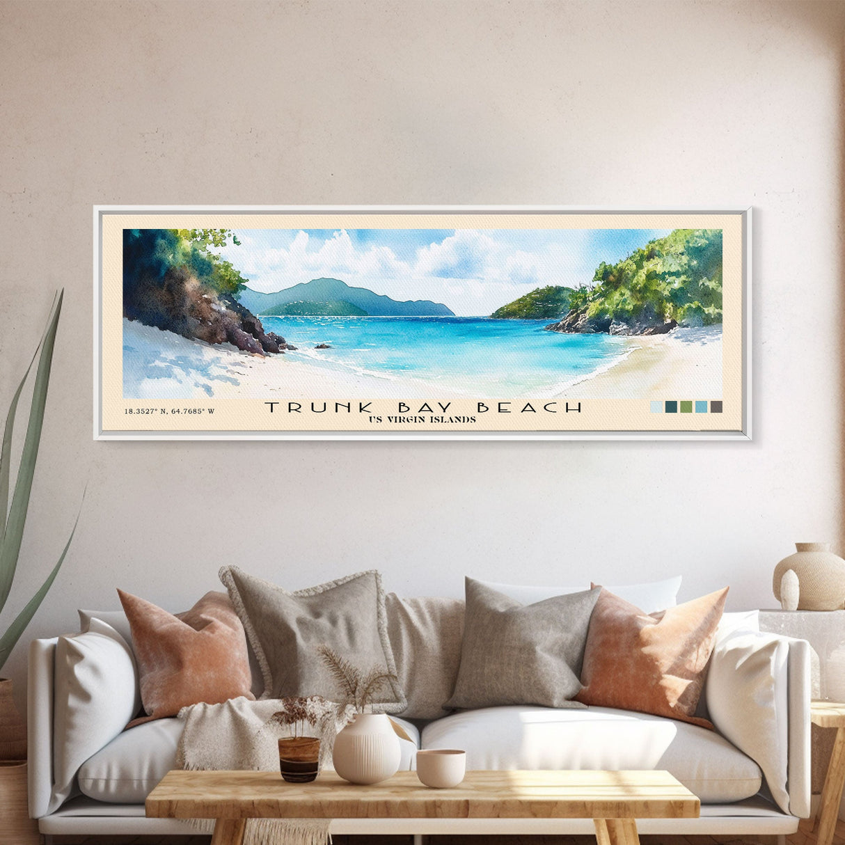 Trunk Bay Beach, US Virgin islands Watercolor Beach Print, Vacation Gift, US Virgin islands Wall Art, Framed Canvas Print, Framed Beach Painting